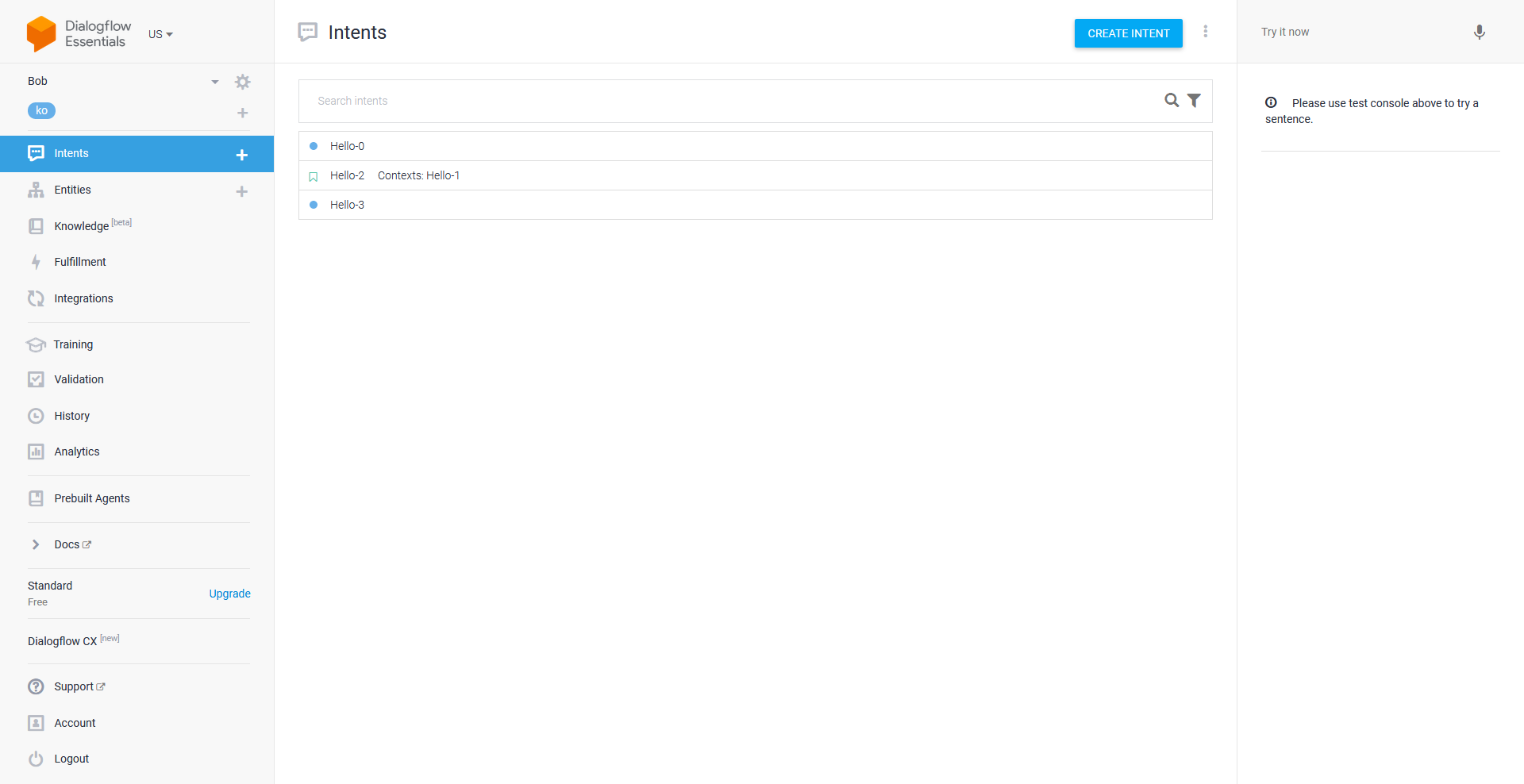 Dialogflow Console